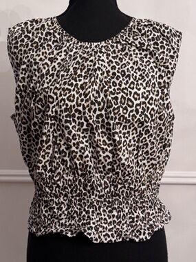 J.Crew Hyacinth Top M Leopard Cotton Poplin Smocked Waist Gathered Neck EUC